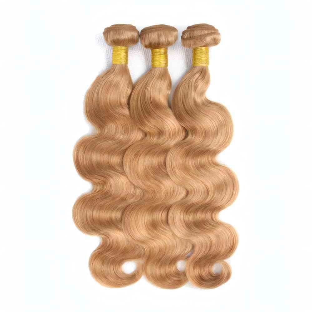 LOIUMGUU Honey Blonde Human Hair Bundles Color #27 Body Wave Bundles 8 10 12 Inch Double Weft Soft Unprocessed Brazilian Virgin Remy Double Weft Soft Real Blonde Hair Extensions