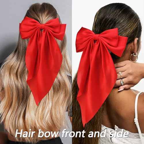 Velscrun Red Hair Bows for Women Girls, Silky Satin Large Coquette Bow Oversized Hair Ribbons Big Bows Clip, Long Tail Bowknot Hair Barrettes Halloween Christmas Hair Bow Accessories