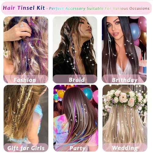 Hair Tinsel 24 Colors 7800 Strands Hair Tinsel Kit with Tools 48 Inch Glitter Tinsel Hair Extensions Festive Party Fairy Hair Tinsel Kit for Women Girls Hair Accessories