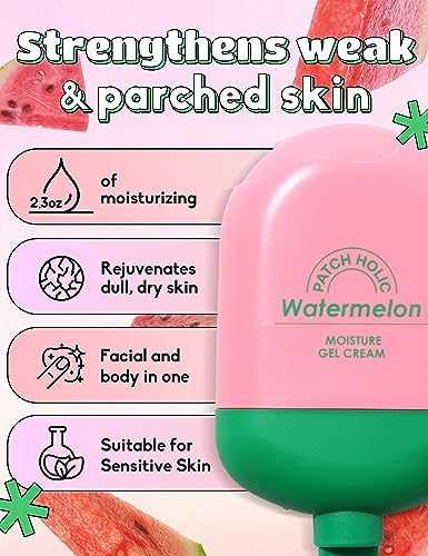 PATCH HOLIC Watermelon Moisture Gel Cream 2.36 fl. oz. Hydrating Facial Moisturizer & Gel Cream with 8 Hyaluronic Acid | Nourishing Facial Cream Gel Moisturizer for Face | Face Cream for Dry Skin