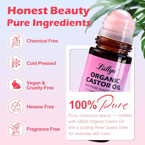 Organic Castor Oil Roll On with Rose Quartz Roller, Cold Pressed 1.7oz