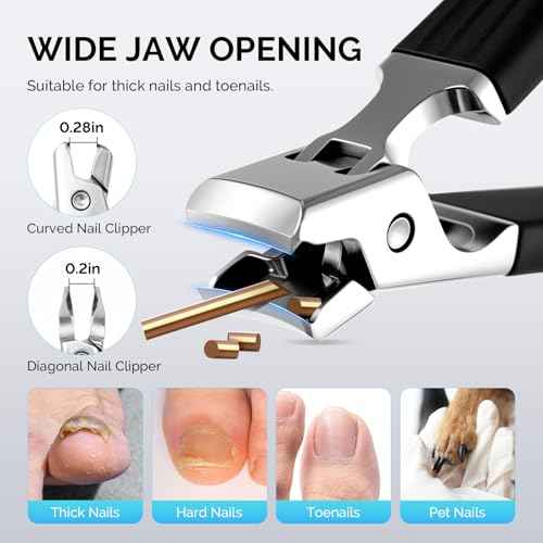 MelodySusie Wide Jaw Opening Nail Clippers Set, 2 pcs Toenail Clippers for Seniors Thick Nails, Anti-Splash Curved and Slanted Nail Clippers for Men Women, Fingernail Cutter with Catcher, Black