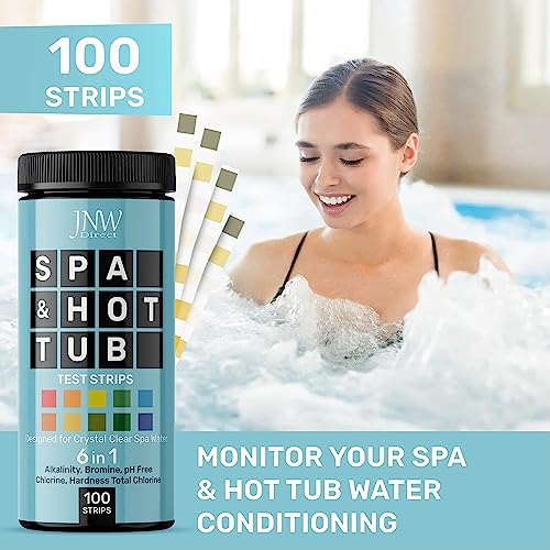 Hot Tub and Pool Test Strips - 6in1 Quick & Accurate Hot Tub, Spa, Pool Test Strips - 100 Water Test Strips, Water Test Kit with E-Book - Test Chlorine, Bromine, pH, Hardness, Alkalinity - JNW Direct