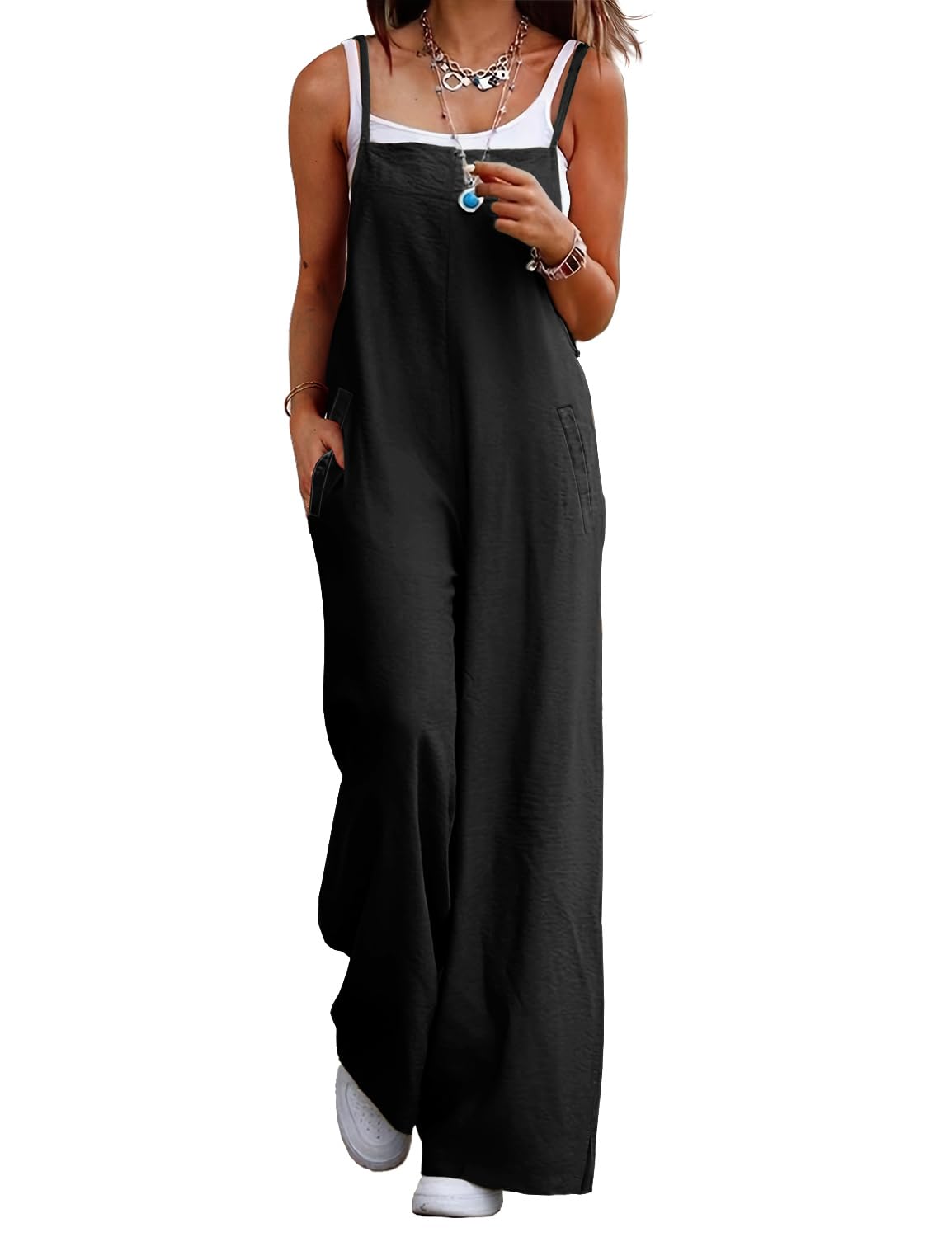 YESNO Women's Summer Boho Casual Jumpsuits Wide Leg Overalls Baggy Rompers with Pocket XS PZZCR Solid Black