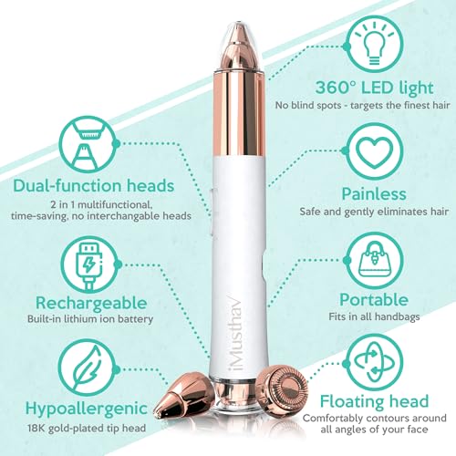 2 in 1 Eyebrow and Facial Hair Remover for Women Painless Flawless Electric Razor Epilator Trimmer Shaver with 18K Gold-Plated, USB Rechargeable, 360¡Æ LED for Eyebrow and Face Hair Removal
