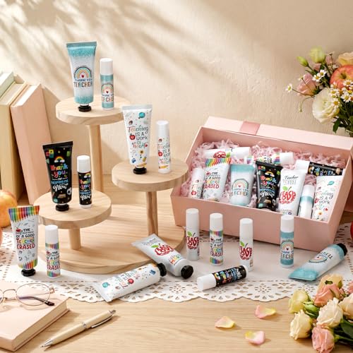 Loopeer 15 Sets Teacher Appreciation Gifts Bulk 5 Style Travel Size Lip Balm and Hand Cream Thank You Gift Sets for Teacher Staff Team Woman Man Office Supplies Back to School Party Favors