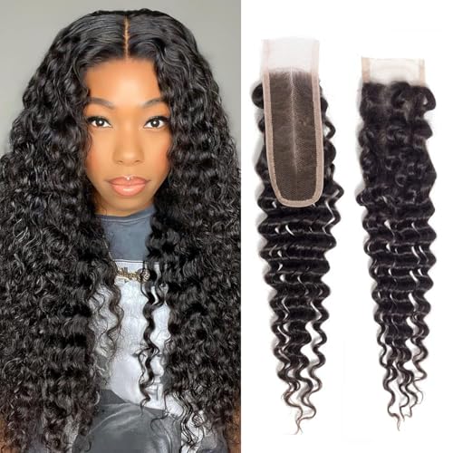 2x6 Deep Wave Closure Human Hair 2x6 Lace Closure Deep Part Transparent Brazilian With Baby Hair Color Black 20 Inch