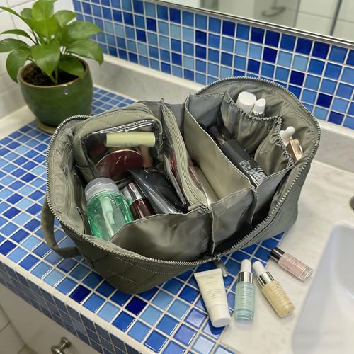 Travel Makeup Bag with 7 Compartments - Lay Flat Cosmetic Organizer