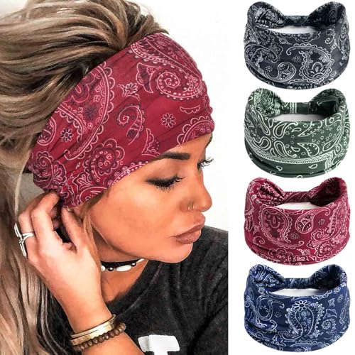 Olbye Wide Boho Headbands Floral Stretch Head Wraps 4-Pack