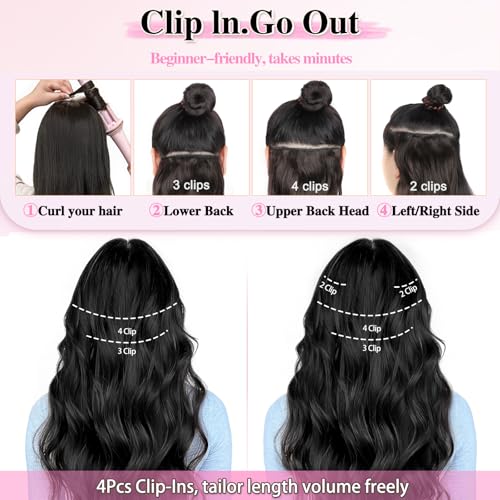 ALXNAN Clip-In Wavy Hair Extensions 20 Inch 4pc Set Black