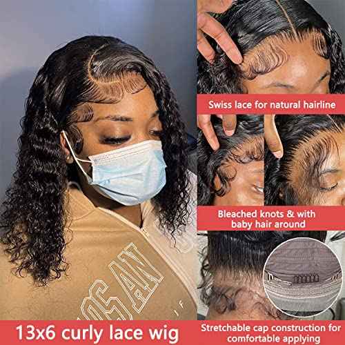 13x6 Curly Bob Wig Human Hair Deep Curly Wave Lace Front Human Hair Wigs for Black Women Brazilian Curly Wig Short Bob Lace Frontal Wigs Pre Plucked with Baby Hair Natural Hairline 180% Density