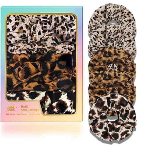 5Pcs Leopard Satin Scrunchies for Women, Softer Than Silk Scrunchies, Fashion No Crease Hair Ties for Thin Thick Hair,Soft Hair Bands No Damage for Girls, Ideal Gifts for Women (Set 4)