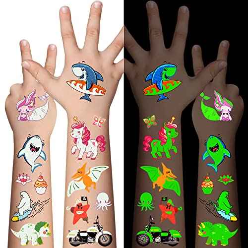 310 Pcs Luminous Temporary Tattoos For Kids,Mixed Styles Glow In The Dark Tattoos for Boys and Girls,Butterfly Dinosaur Pirate Mermaid Fake Tattoo Stickers,Glow Party Supplies Arts and Crafts