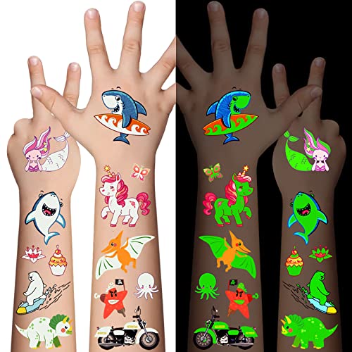 310 Pcs Luminous Temporary Tattoos For Kids,Mixed Styles Glow In The Dark Tattoos for Boys and Girls,Butterfly Dinosaur Pirate Mermaid Fake Tattoo Stickers,Glow Party Supplies Arts and Crafts