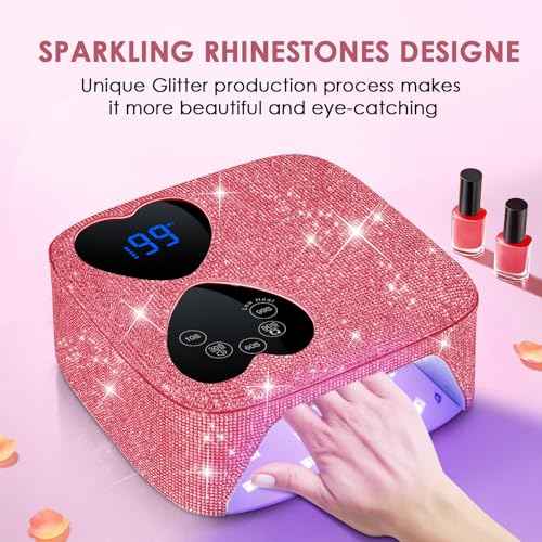 UV LED Nail Lamp Cordless, HUITINE 80W Rechargeable UV Light for Gel Nails with 5 Timers & Mirror Base, Professional Gel Light Dryer, Sparkling Rhinestones Curing Lamp for Salon & Home (Pink Diamond)
