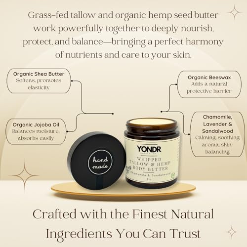 Tallow & Hemp Body Butter ? Whipped Grass?Fed Tallow + Hemp Seed Butter ? Calming Chamomile/Sandalwood/Lavender ? Deep Hydration for Dry & Sensitive Skin (2 oz)