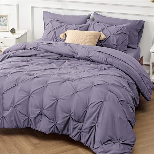 Bedsure Twin Comforter Set with Sheets - 5 Pieces Twin Bedding Sets, Pinch Pleat Grayish Purple Twin Bed in a Bag with Comforter, Sheets, Pillowcase & Sham