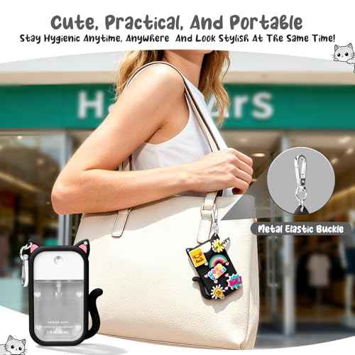 Cat Silicone Case for Touchland Hand Sanitizer Spray with Keychain, Compatible with Power Mist & Glow Mist 1 FL Oz/30ML for Touchland Case, with Charms Accessory Cute Travel Cover Sleeve Black