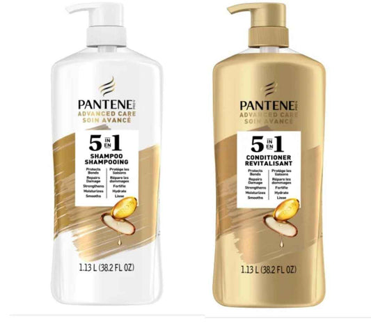 Pantene Advanced Care Shampoo and Conditioner 5 in 1 Moisture, Strength, Smoothness, Pro-V vitamin B5 Complex 38.2 FL/OZ each - 90% Stronger hair, Packaging May Vary