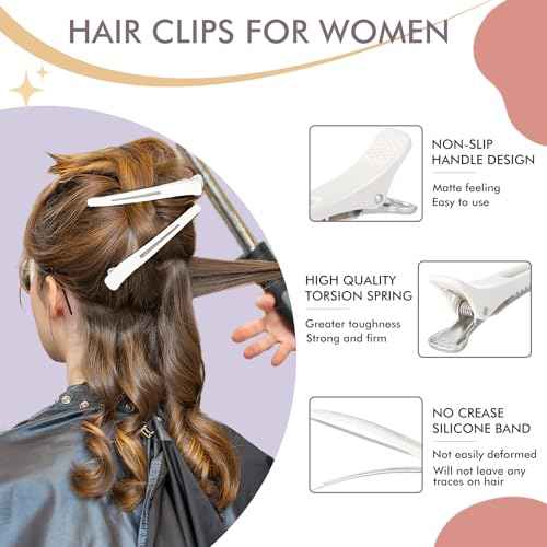 12PCS Hair Clips for Styling Sectioning - Non Slip No Crease Duck Billed Hair Clips for Women with Silicone Band - Professional 4.3 Inch Large Salon Hair Cutting Clips for Hairdresser - White
