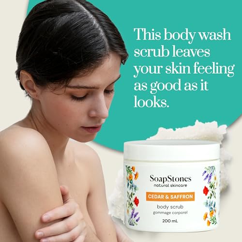 Soapstones Cedar and Saffron Exfoliating Body Scrub - 200 mL - Gentle and Soothing with Safflower Seed Oil - Woodsy, Spicy Aroma Infused Body Scrub Exfoliator