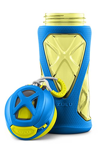 Zulu Torque 16oz Plastic Kids Water Bottle with Silicone Sleeve and Leak-Proof Locking Flip Lid and Soft Touch Carry Loop for School Backpack, Lunchbox, Outdoor Sports, BPA-Free Dishwasher Safe, Gray, Blue