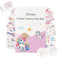Temporary Tattoos for Kids, 12 Sheets Unicorn Rainbow Glitter Tattoos, Safe & Non-Toxic, Waterproof, Unicorn Birthday Party Decorations, Valentine's Day Gift