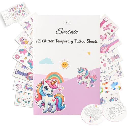 Temporary Tattoos for Kids, 12 Sheets Unicorn Rainbow Glitter Tattoos, Safe & Non-Toxic, Waterproof, Unicorn Birthday Party Decorations, Valentine's Day Gift