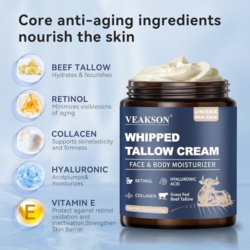 Beef Tallow for Skin, Grass Fed Whipped Beef Tallow and Honey Balm with Anti Aging Retinol, Collagen, Hyaluronic Acid for Face & Body, Wrinkle Skin Care Facial Moisturizer for Women & Men, 5.4 Oz