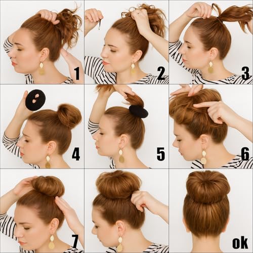 Brown Hair Bun Maker Set - 3 Medium Donuts & Elastic Bands for Kids & Women
