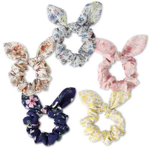 5Pcs Hair Scrunchies for Women,Bunny Ear Scrunchies Hair Ties,Cute Ponytail holder for Thick Hair,Colorful Ponytai Holder,Chiffon Hair Band,Hair Accessories for Women Girls