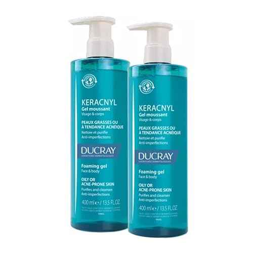 Ducray Keracnyl Foaming Gel 400ml Face and Body Hygiene of Oily Skins with Acne Tendency (Packed of 2)