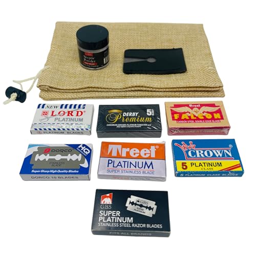 Gents Double Edge Safety Razor Blade Collection Variety Pack 50 Count ? Platinum Double Edge Blades Fits All Razors + Styptic Powder Stops Bleeding + Leather Razor Sleeve ? Men¡¯s Wet Shaving
