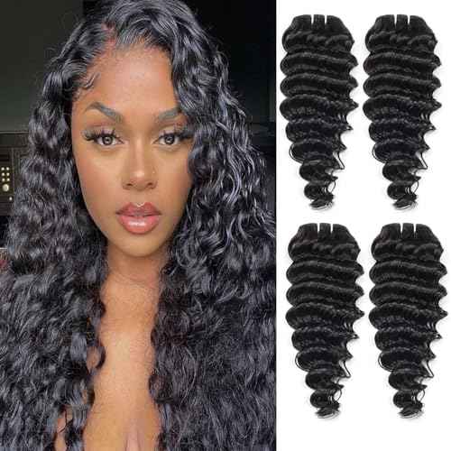 Deep Wave Human Hair bundles 16 Inch 12A Grade Brazilian Hair 100% Virgin Weave Bundles for Black Women (16'' 16'' 16'' 16'')