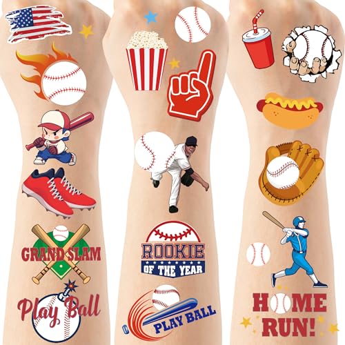 Baseball Temporary Tattoos - 8 Sheets 200+ Baseball Birthday Party Supplies, Sports Party Favors Decorations for Teens Adults