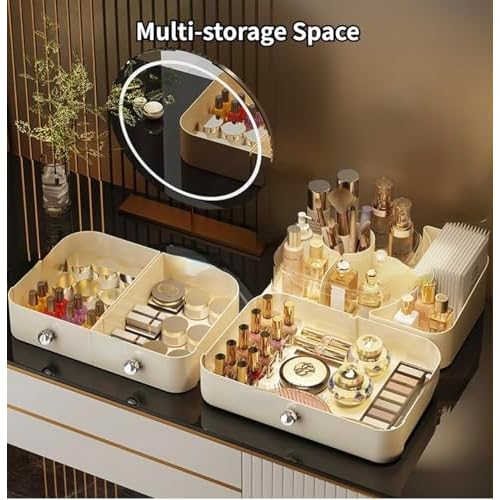 Cosmetic Organizer with 3 Drawers, Makeup Storage Display Case, White Vanity Beauty Container, Chrome Knobs
