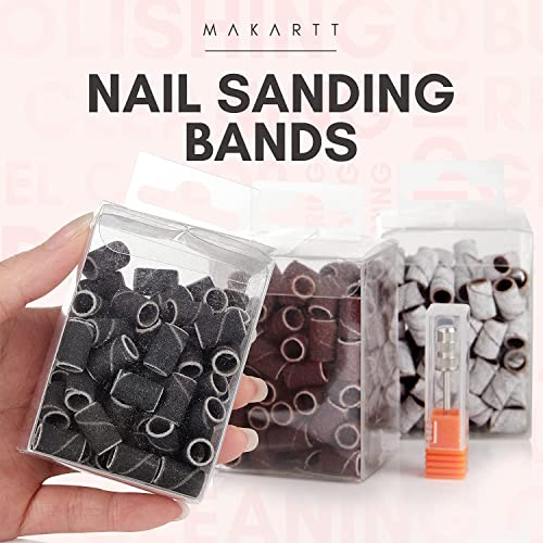 Makartt 5 in 1 Nail Drill Bits, 3/32" Shank Tungsten Carbide Tapered Drill Bits Bundle With 300Pcs Nail Drill Bits Sanding Bands #80#150#240 Grits