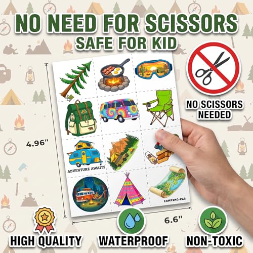 96 Camping Temporary Tattoos for Kids - 8 Sheets
