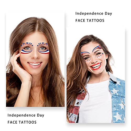 4th of July Temporary Tattoos Stickers Independence Day Face Tattoo 20 Sheets Flag Decals Eye Makeup Sticker Red Blue White USA Flag Star Stickers Patriotic Body Art Decoration Tattoo Stickers
