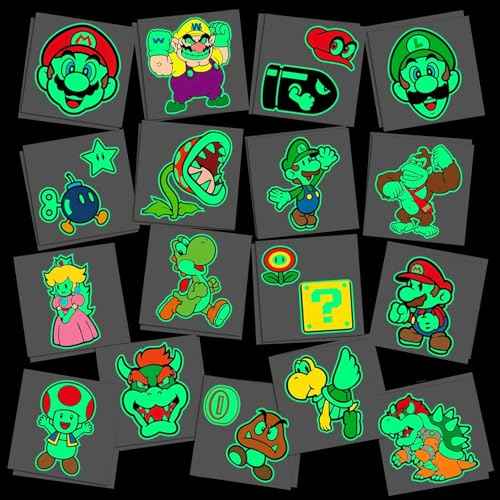 Mario Birthday Party Supplies, 34Pcs Temporary Tattoos Party Gifts, Glow In The Dark Removable Skin Safe, Fake Tattoo Stickers for Goody Bag Treat Bag Stuff for Mario Birthday Party