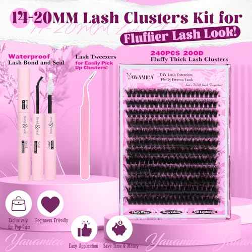Yawamica Fluffier Lash Extension Kit Thick 200D Volume Eyelash Extension Kit 14-20mm Wispy Lash Clusters Kit D Curly Individual Lashes with Bond and Seal lash Tweezers DIY Cluster Eyelash Extensions