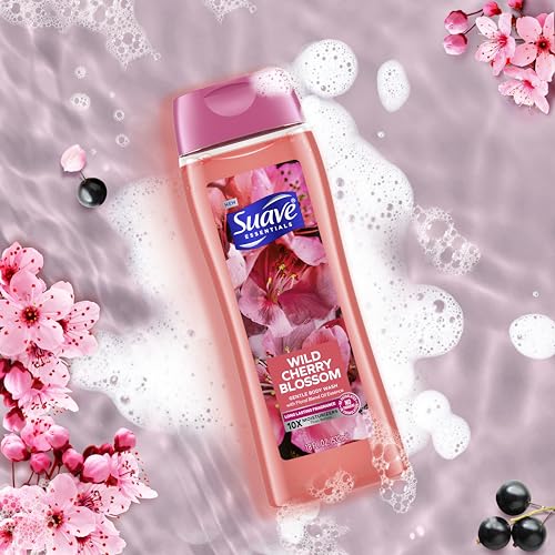 Suave Moisturizing Body Wash, with Wild Cherry Blossom and Vitamin E Extract, No Parabens, No Phtahaltes, 18 Oz Pack of 12