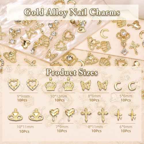 100 Pcs Gold Nail Charms and Gems, Gold Dangle Star Bows Nail Gems Charms, Metal Crown Heart Butterfly Charms for Acrylic Nail Art Alloy Cross Nail Charms for Women DIY Accessories