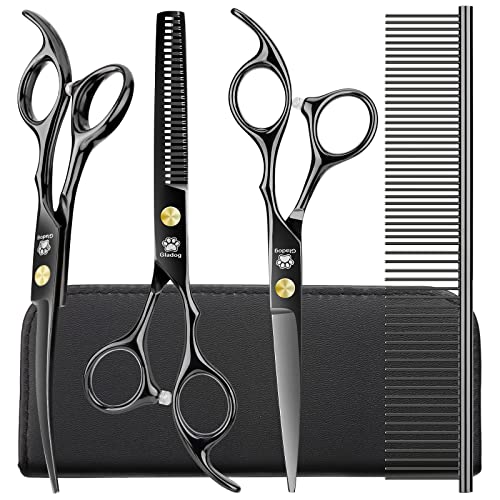 Dog Grooming Scissors Kit with Safety Round Tips, GLADOG Professional 5 in 1 Grooming Scissors for Dog