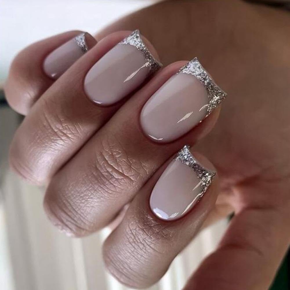 24Pcs French Tip Press on Nails Short Square Fake Nails with Silver Glitter Design False Nail Tips Acrylic Glossy Glue on Nails Cute Nail Art Decorations for Women