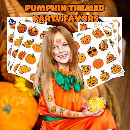96 PCS Funny Halloween Fall Little Thanksgiving Pumpkin Pre-cut Temporary Tattoos Sticker Autumn Birthday Party Favors Supplies Gifts Boys Girls Baby Shower Cute School Reward Themed