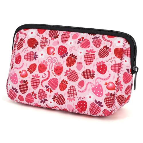 AJLTPA Lovely Strawberry Waterproof Neoprene Cosmetic Bag Travel Organizer for Women & Girls