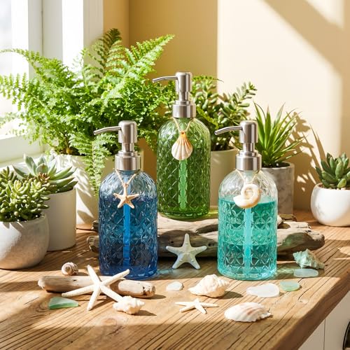 LemonRoad Coastal Glass Soap Dispenser Set 3pcs Ocean Themed Refillable Bathroom Kitchen Decor