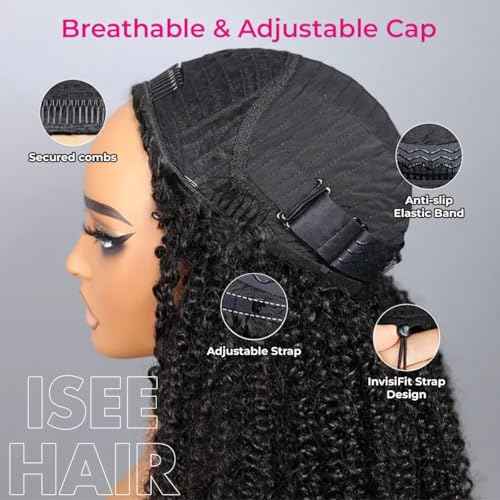 ISEE Half Wig Afro Curly 3 In 1 Half Wig Glueless Wigs Human Hair Seamless Kinky Curly Flip Over Beginner Friendly Wear & Go Drawstring Band Clip in Human Hair Black Color 20 Inch