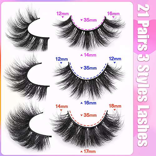 Mink Lashes 21 Pairs 5D Wispy Fluffy False Eyelashes Natural